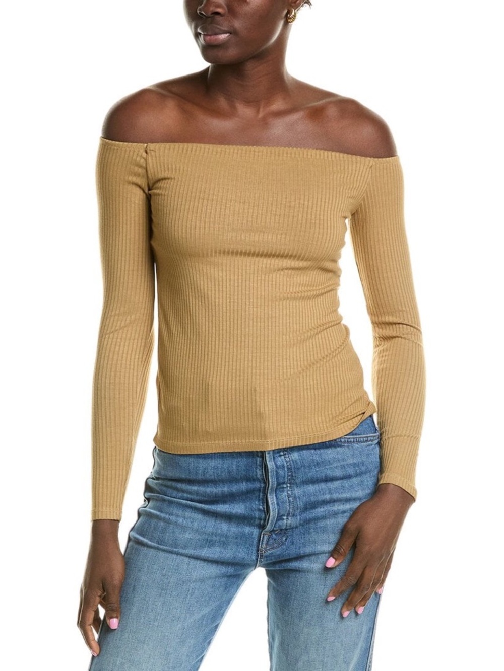 Enza Costa | Womens Off-the-Shoulder Shirt Brown Long Sleeves Fitted